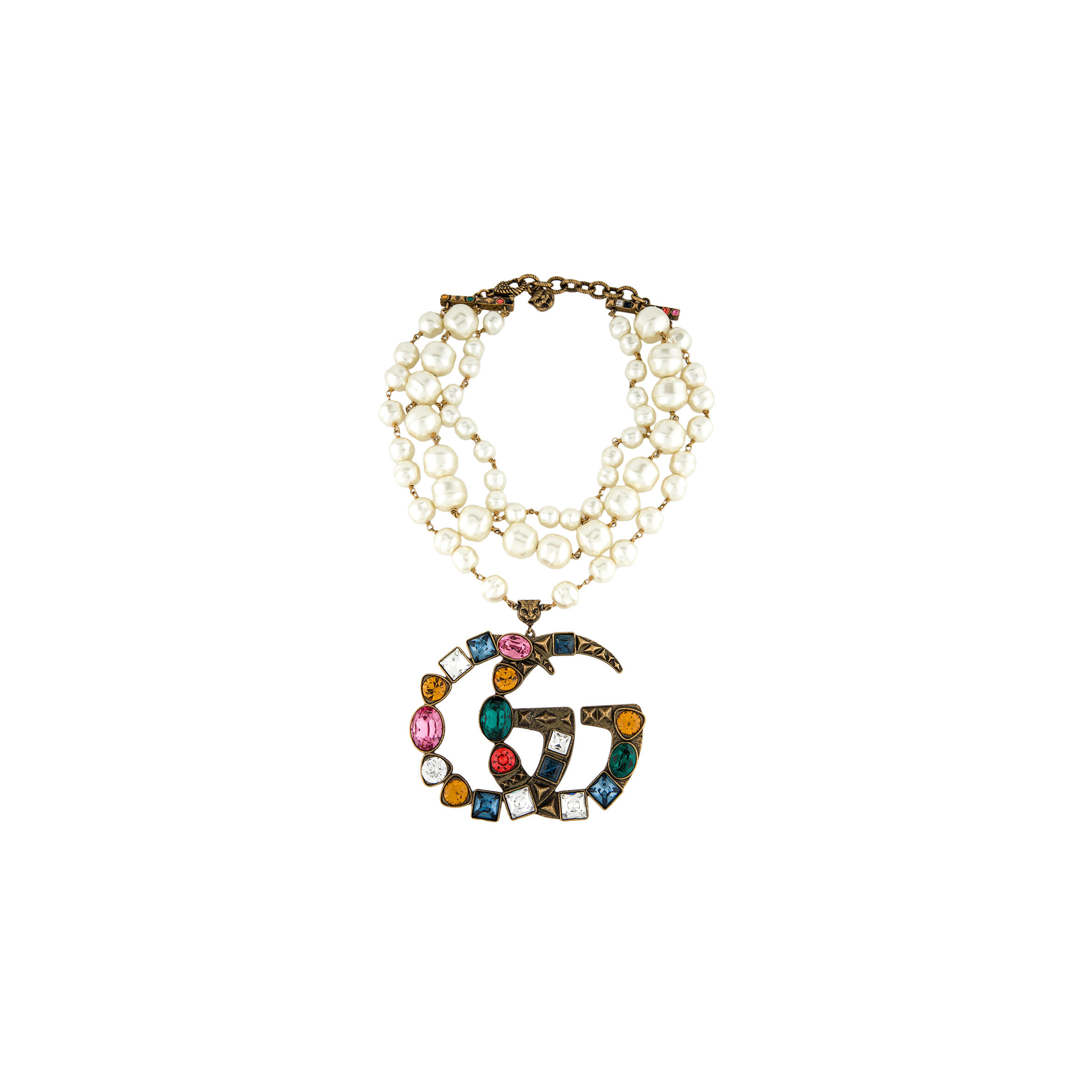 GUCCI FAUX PEARL & CRYSTAL GG MULTISTRAND NECKLACE